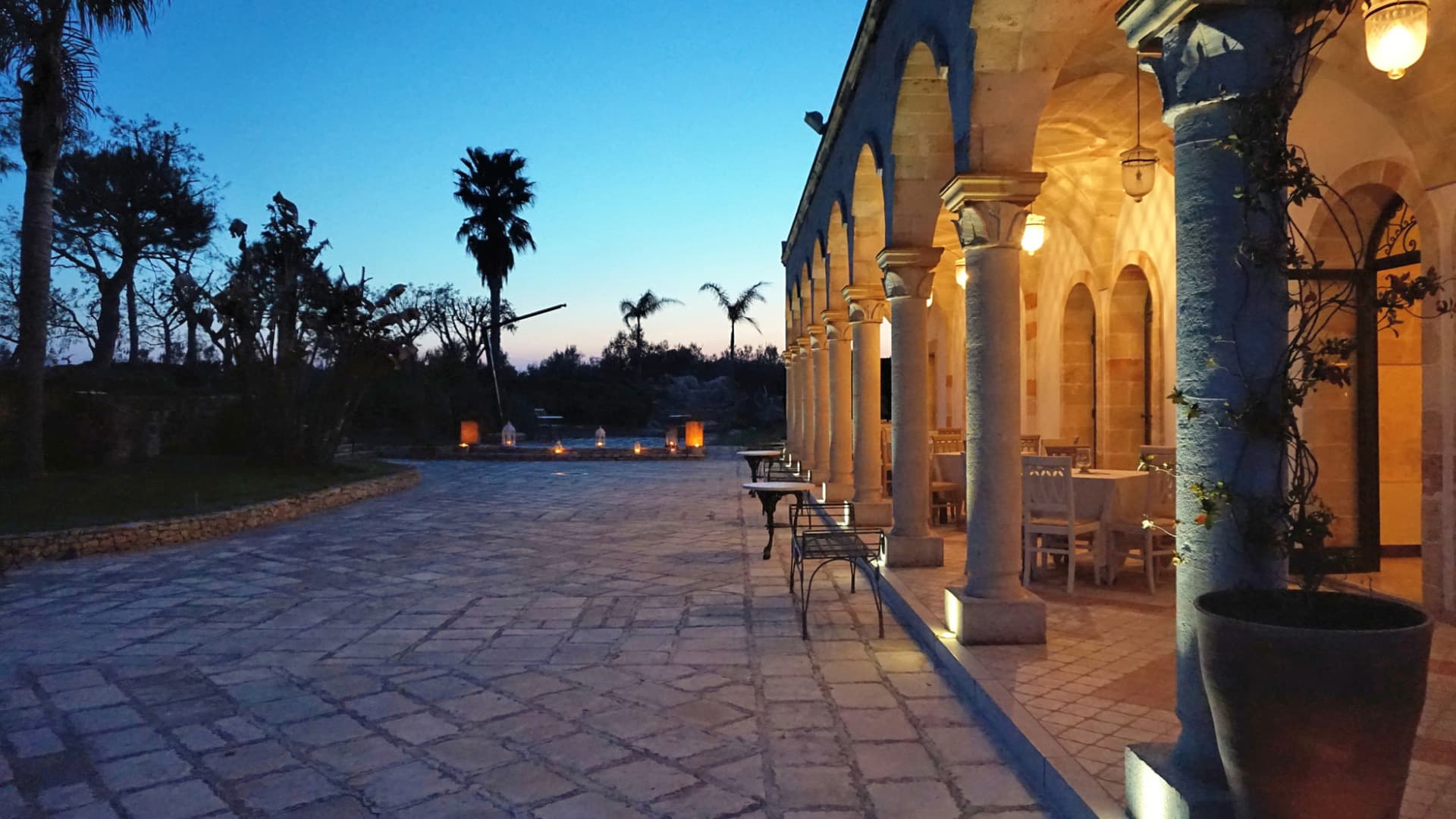 Portico ad archi illuminato la sera, con le palme sullo sfondo